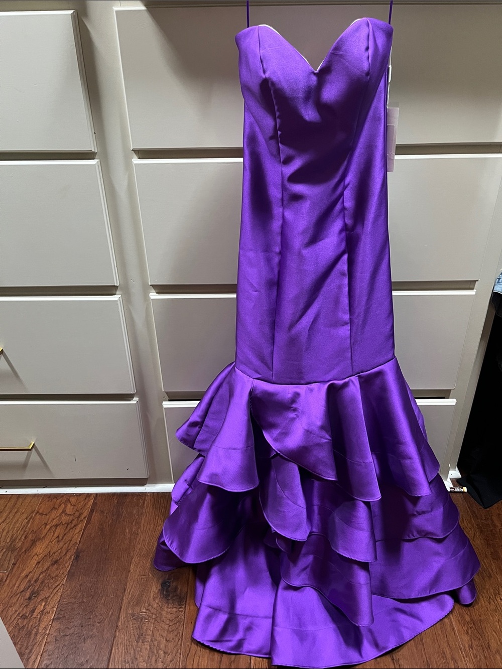 Madison James Strapless Purple Ruffle Mermaid Gown
